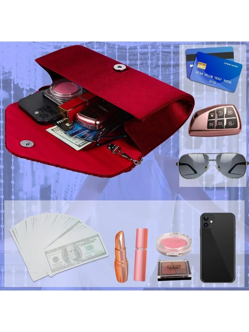 Women's Burgundy Red Rhinestone Clutch Purse For Evening Bag Wedding Handbags